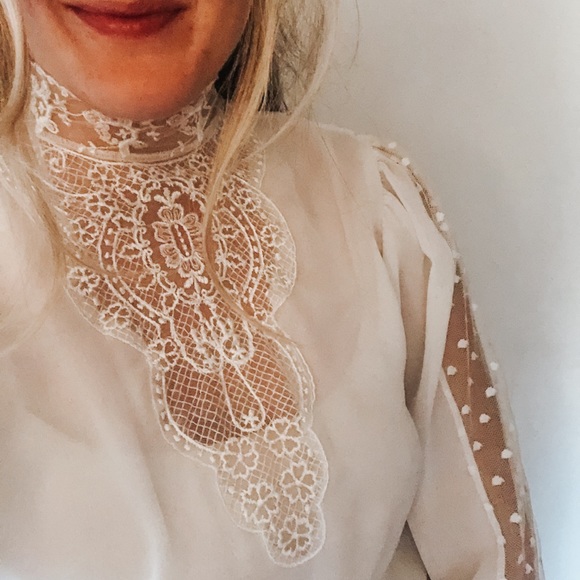 Vintage Tops - Authentic Vintage Beautiful Lace mesh blouse, high neck, swiss dot insets, Doen